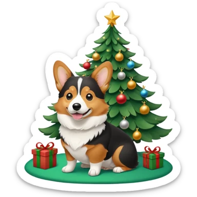 black tricolor corgi with no tail and christmas tree next to it sticker