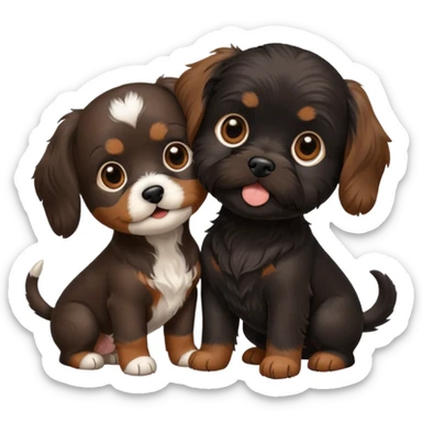 Brown Dachshund and black shih tzu puppy playing sticker