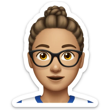 a teenage girl, brown hair in a bun, glasses, wearing sports kit, with freckles sticker