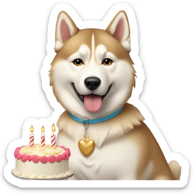 Golden beige husky with a hat and birthday cake sticker