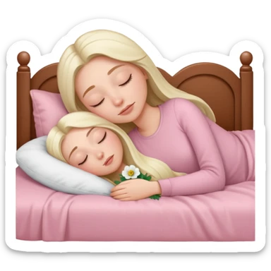 White girl long hair sleeping in her light pink bed cuddling with her white poppy sticker