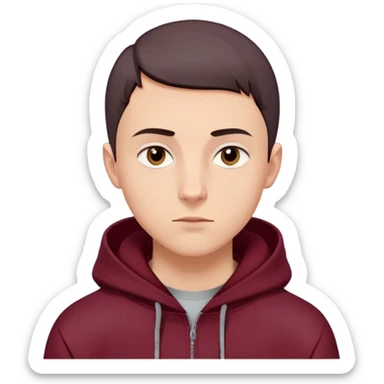 young white European male with short buzzcut dark hair, smooth clear skin, wearing a maroon hoodie with the hood up, oval-shaped face, defined jawline, high cheekbones, symmetrical features, sharp focused eyes, straight prominent eyebrows, calm neutral expression sticker