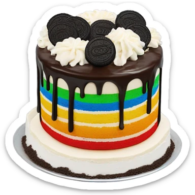 Classic round Rainbow cake with chocolate frosting and vanilla frosting with Oreos on top sticker