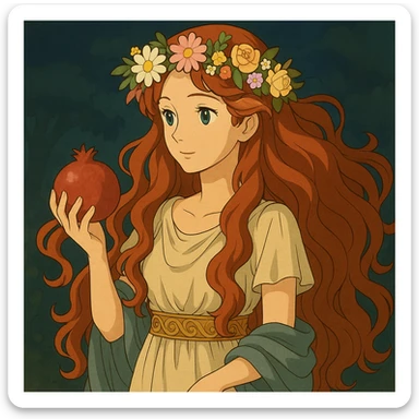 Add a crown of flowers to Persephone's head, keeping the Ghibli style and her flowing red hair, holding a pomegranate. sticker