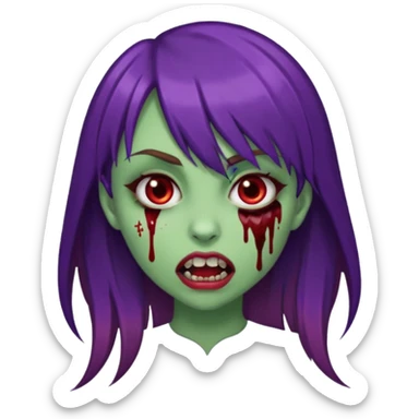uma garota com cabelo marrom com franja lateral e dois fios de cabelos são roxos na franja, e o cabelo é liso, e a pele dela é verde e a boca normal dente de vampiro e com sangue pingado no canto e um piercing no canto da boca. sticker