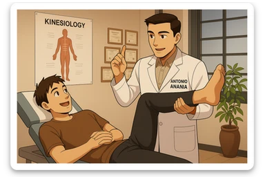 su questo lettino rappresenta un webtoon manga a colori con questo stile, in cui un uomo è steso sul lettino medico e il kinesiologo con il camice bianco (fagli anche la scritta "ANTONIO ANANIA" SUL CAMICE, gli solleva una gamba per fargli il test neuromuscolare, IL KINESIOLOGO SPIEGA ALL'UOMO UNA cosa mentre gli alza la gamba. l'espressione dell'uomo è felice e soddisfatta, non fare i fumetti però, fai solo in modo che sembri stiano parlando sticker