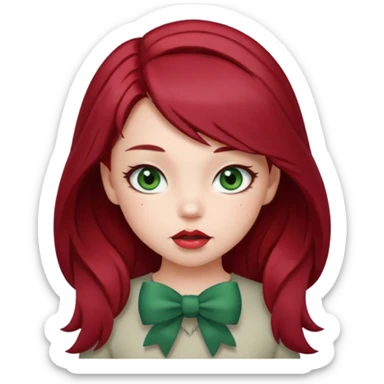 A cute girl biting her lip with a bow in her hair. Dark red hair and gray green eyes sticker