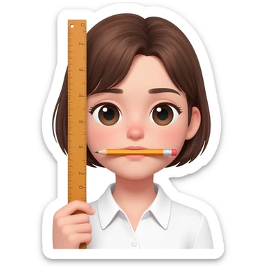Girl with a pencil horizontally under her chin and a ruler held vertically from her ear downwards sticker