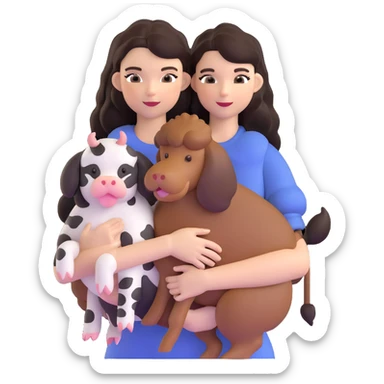 Kendall Jenner with long dark hair holding a brown poodle and a cow cat in her arms sticker
