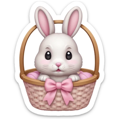 light pink bow on a beige white wooven basket. A bunny with its paws a bit out and sift white fur cute eyes sticker