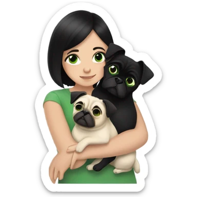 girl with black hair and green eyes cuddling two pugs  sticker