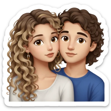 cute girl long brunette balayage curly/wavy not voluminous hair, brown eyes, hoop earrings, natural pretty clean makeup: kissing on the cheek a cute boy blondish straight messy hair and brown eyes sticker
