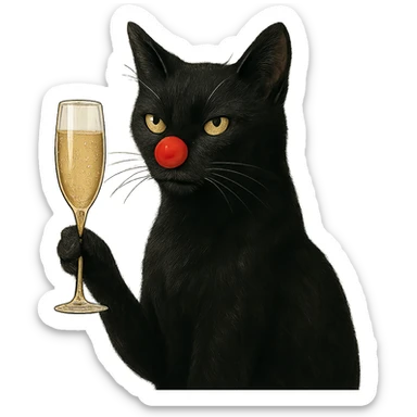 black cat with a red clown nose holding a glass of champagne, elegant and whimsical sticker