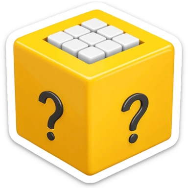  yellow cube shaped box stuffed with white question marker cubes sticker