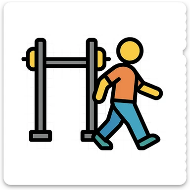 playful bold stylized icon of a person walking away from a squat rack, fitness context sticker