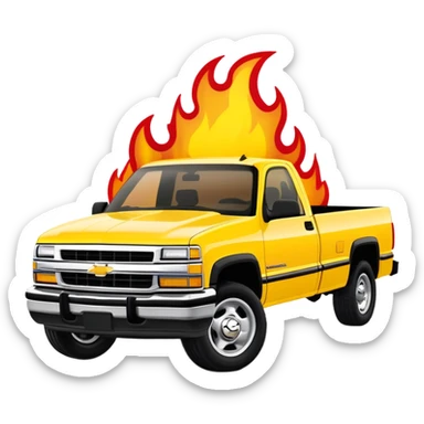 1997 Chevrolet Silverado C-2500 in bright yellow with screen-accurate red flame decal printed on the hood, faithful to Kill Bill movie design, 30-degree angle, iOS emoji style sticker