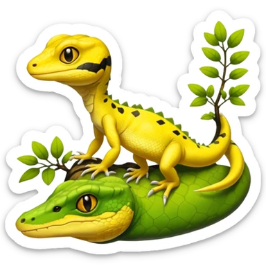 Yellow lizard with black markings-Salandit-Gecko-Treecko-Kecleon-Fakémon-Pokémon-hybrid-creature (full body)  sticker