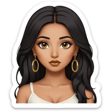 indian girl, brown skin, long black voluminous hair, brown underneath colored hair, baddie,pretty, makeup, lipliner, black eyeliner, gold hoop earrings, white top sticker