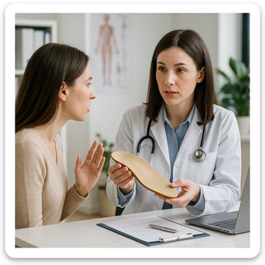 Realistic 4K image of a woman consulting a female orthopedist, showing an orthotic insole and explaining her postural problems, professional medical environment. sticker