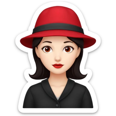 dark haired woman with red hat sticker