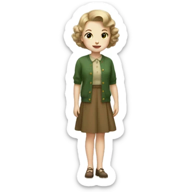 Very young girl with pale skin, light brown, short hair, a brown 1940s dress with an earthy green cardigan sticker