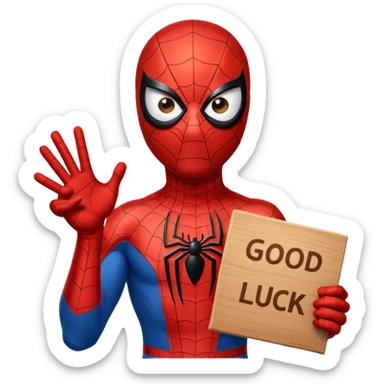 Spider-Man with a sign that says good luck sticker