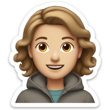 Brown-haired white girl smiling, wearing a grey coat sticker