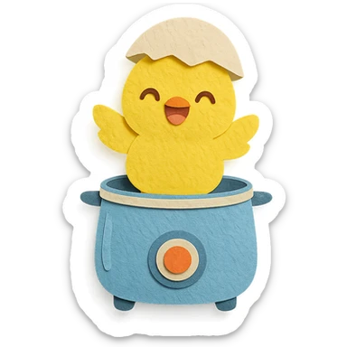 chibi egg cooker chick popping out of the lid, smiling brightly, soft yellow tones, full-body sticker