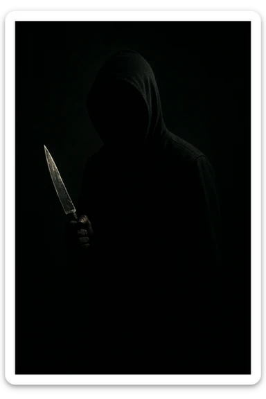 a shadowy figure with a glinting knife, mysterious and ominous, thriller style sticker