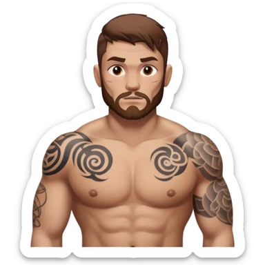 tattoo man, full  white skintone,brown hair, tattoos on face, more visible, bulky man with tattos on his chest, heavy tattoos. sticker