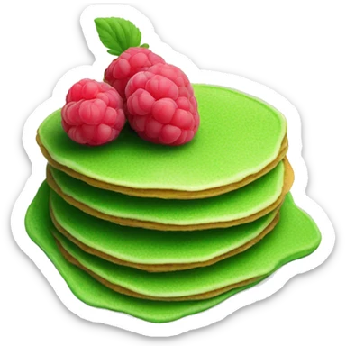 Green pancakes on the plate with the raspberry on the top sticker