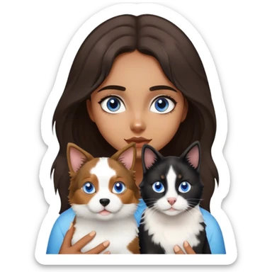 Young brown girl with blue eyes and dog Australian shepherd and a black and white cat sticker