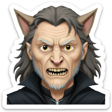 Fenrir Greyback in harry potter, black open chest coat, wolf face, pointed ear, bared teeth sticker