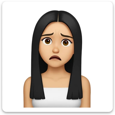 Make the girl look more confused, keeping the same style as the reference image. She has long black hair, brown eyes, and is wearing a white top. Maintain these features while adjusting her expression to appear more confused. sticker