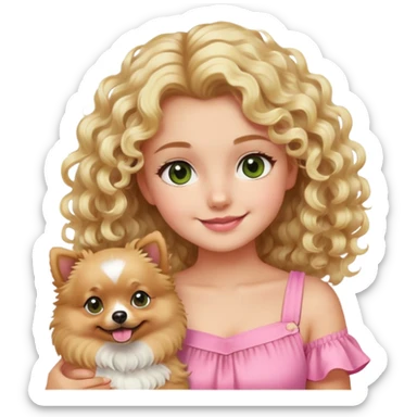smiling girl with blonde curly hair and brown/Green eyes with a Blond Pomerania in a pink summer dress  sticker