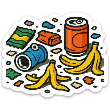 Make the trash on the floor look much messier, with more scattered items, in a vibrant cartoon style, no background. sticker