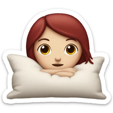 White girl with dark red hair and bangs holding pillow sleepy cozy sticker