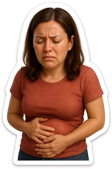 emoji stile iphone di donna con mal di pancia e pancia gonfia, iperrealistico 4k sticker