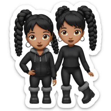 A brown skin thats slim and thick body with black hair into two pigtails and wears all black outfit with gray furry boots  sticker