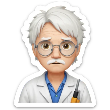 Portrait of an eccentric inventor with messy white hair, round goggles on forehead, sad face , wearing a slightly burnt lab coat, background of workshop with blueprints and tools sticker