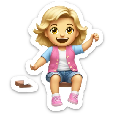 A white female baby aged 15months with browny blonde hair and blue eyes, wearing a pink Cardigan and denim shorts and blue shoes, on a swing in a park with a huge smile and smiling eyes sticker