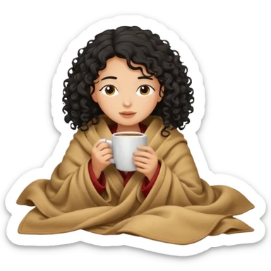 Tan light girl with curly black hair I nside a blanket sipping coffee eyes closed sticker