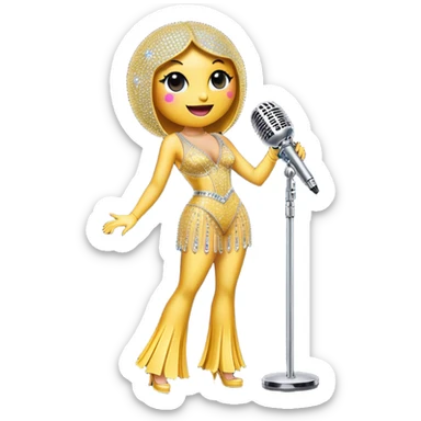Create a glamorous and vibrant emoji representing stage vocal performance. The design should feature a humanless collage of classic vintage microphone, stage costume covered in rhinestones, large scene speakers, scene lights. The costume should be stylized, with glittering elements like sequins and sparkles, and reflect the glitzy, extravagant nature of show business. The microphone should have a sleek, retro look with chrome or metallic accents. Use rich, dazzling colors like gold, silver, deep purple, and bright red to evoke the glamorous, larger-than-life feel of a stage performance. The background should be transparent. sticker