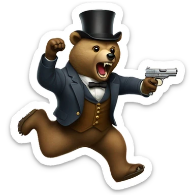 Bear jumping through the air with a 1911 pistol in his teeth and wearing a monocle on its right eye sticker