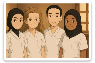 Four nursing students standing side by side indoors, each wearing a white short-sleeved uniform with a V-neck medical tunic, left chest pocket, no collar stand, no stethoscope, nothing protruding from the sleeves, warm ambiance, no feet visible. sticker