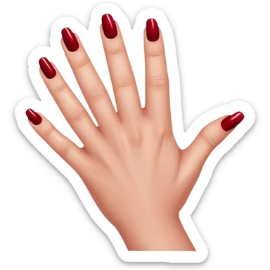 left hand of a woman with all five fingers painted in dark red nail polish, glossy finish, deep saturated red, smooth gradient, minimal details, clean and shiny
 sticker