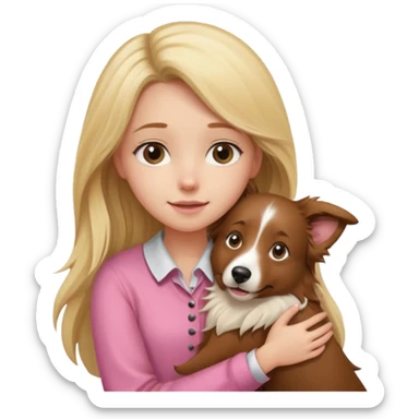 Garota loira fofa de cabelo comprido usando uma blusa rosa abraçando um border collie marrom  sticker