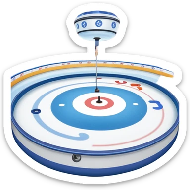 please, An icon featuring the curling rink, with its distinctive circles, and a vibrant crowd in the stands. Snowflakes fall outside the arena, and bright lights illuminate the ice. a curling stone sliding across the ice, with a broom nearby. Transparent background. sticker