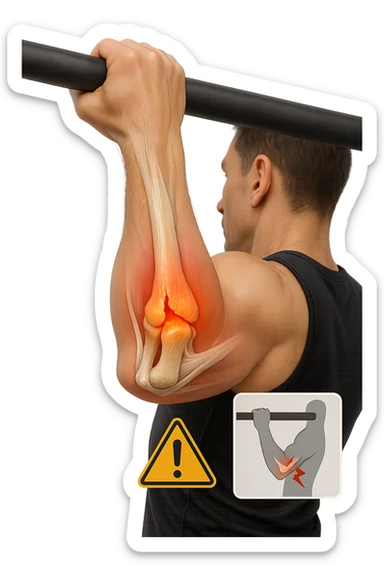 3D, vertical anatomical visualization: close-up of a man’s elbow during a pull-up, with the internal anatomy visible. A clear rupture or lesion is shown in the tendon or ligament, colored in red and orange. Swelling and inflammation are depicted around the joint. A warning icon and a small infographic explain the mechanism of injury. sticker