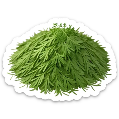 loose sprinkle of fine, feathery green herb flakes, dry airy texture, muted earthy green tones, delicate thread-like pieces, unevenly scattered, evoking dried dill leaves, soft lighting, subtle shadows, emoji scale sticker